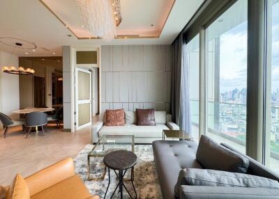 Modern living room with a city view