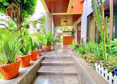 Front entrance with garden and potted plants