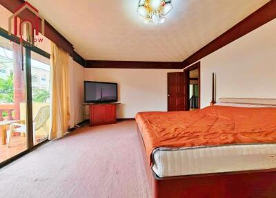 Spacious bedroom with a balcony and large windows