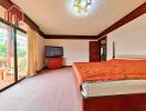 Spacious bedroom with a balcony and large windows