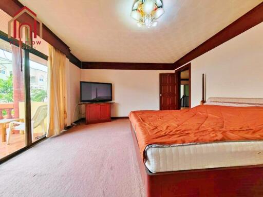 Spacious bedroom with a balcony and large windows