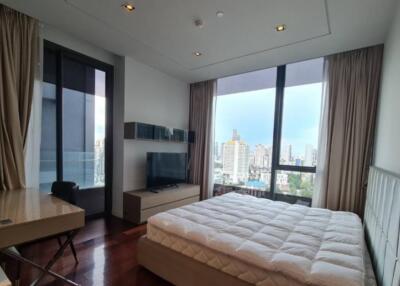 Modern bedroom with a large bed and city view