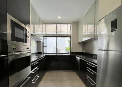 Modern kitchen with built-in appliances and large window