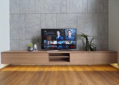 Living room with TV on wooden entertainment unit