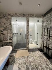 Luxurious marble bathroom with separate shower and toilet areas