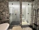 Luxurious marble bathroom with separate shower and toilet areas