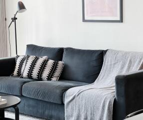 Living room with a black couch, decorative pillows, and a standing lamp