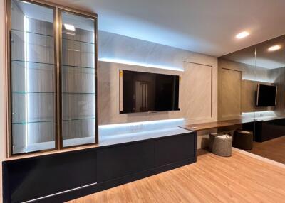 Modern living room with TV and display cabinet