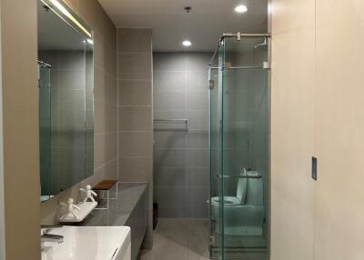 Modern bathroom with glass shower and large mirror