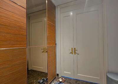 Modern entryway with mirrored closet and closed doors