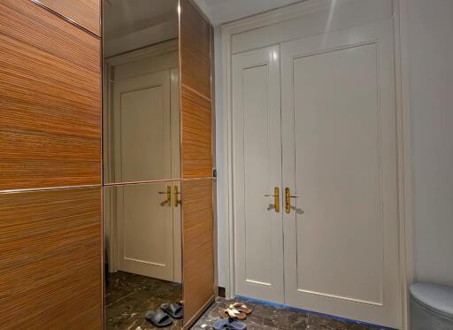 Modern entryway with mirrored closet and closed doors