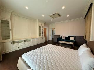 Spacious bedroom with built-in cabinets and modern lighting