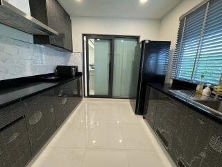 Modern kitchen with sleek black countertops and cabinets