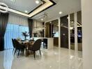 Modern dining area with elegant decor and ample lighting