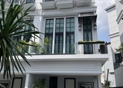 Front view of a multi-storey white building with balconies and potted plants