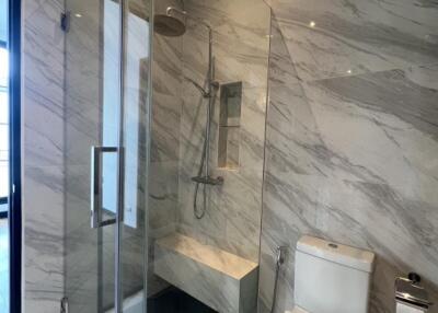 Modern bathroom with glass shower and white toilet