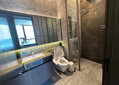 Modern bathroom with glass shower and large mirror