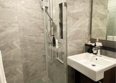 Modern bathroom with a walk-in shower and sink