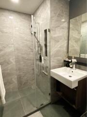 Modern bathroom with a walk-in shower and sink