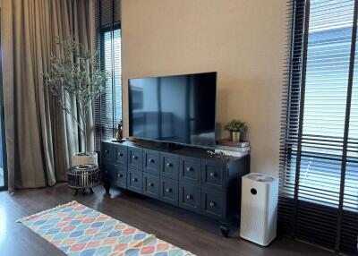 Living room with TV, cabinet, and decor