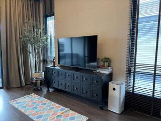 Living room with TV, cabinet, and decor