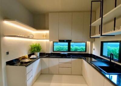 Modern kitchen with ample storage and black countertops