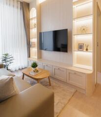 modern living room with wall-mounted TV and built-in shelves