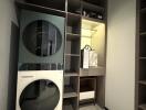 Stacked washer and dryer in a laundry room with shelves