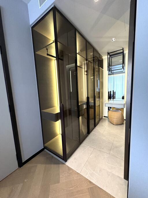 Modern walk-in wardrobe with glass doors