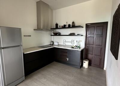 Modern kitchen with stainless steel appliances and dark cabinetry