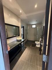 Modern bathroom with glass shower and large mirror