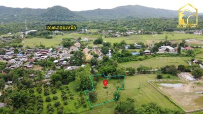 Aerial view of a village and surrounding green fields