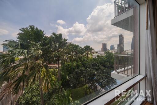 Scenic view from window with balcony