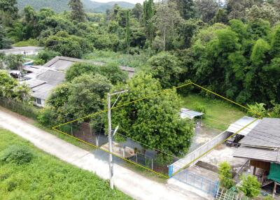 Aerial view of a residential area with houses surrounded by greenery