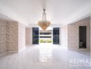 Spacious living room with chandelier