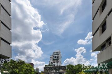 View of a modern cityscape with buildings and trees under a partly cloudy sky