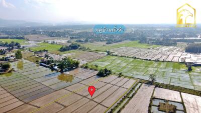 Aerial view of farmland with plots marked