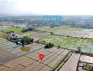 Aerial view of farmland with plots marked