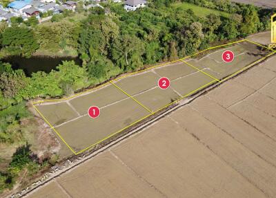 Aerial view of land plots marked for development