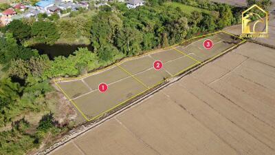 Aerial view of land plots marked for development