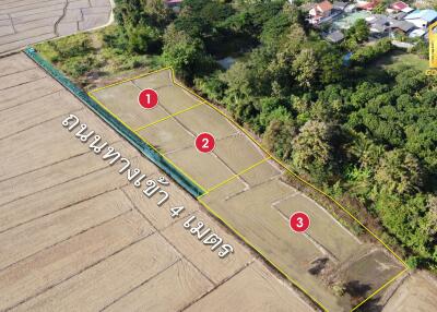 Aerial view of agricultural land with numbered plots