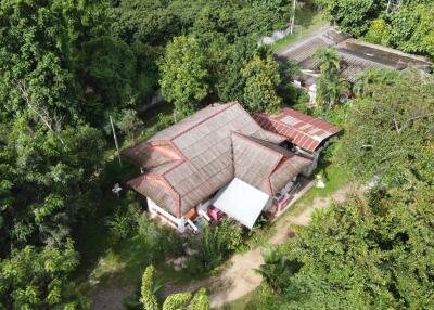 Aerial view of a house surrounded by lush greenery