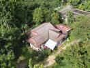 Aerial view of a house surrounded by lush greenery