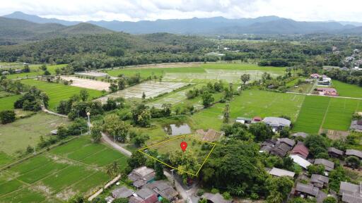 Aerial view of a plot of land with surrounding greenery and buildings