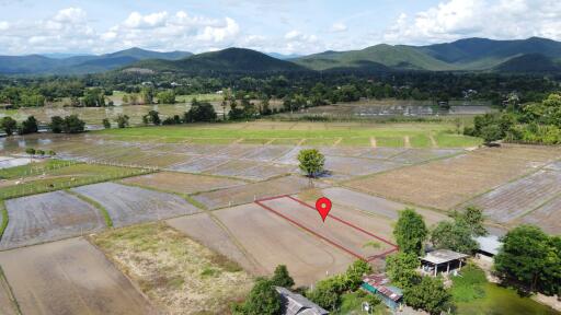 Aerial view of agricultural land with surrounding mountainous landscape.