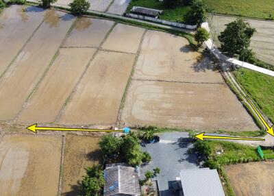 Aerial view of agricultural plots and adjacent houses