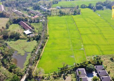 Aerial view of expansive green fields bordered by trees and buildings