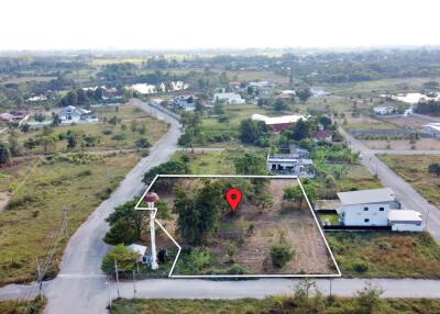 Aerial view of a plot of land in a residential area