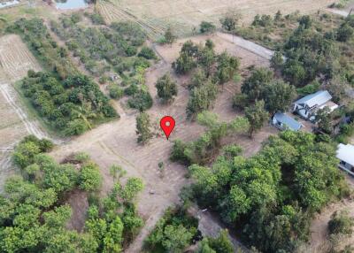 Aerial view of a large plot of land with surrounding trees