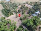 Aerial view of a large plot of land with surrounding trees